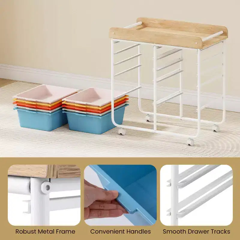 Costway 10-Drawer Rolling Art & Craft Storage Cart with Wooden Tabletop, Lockable Wheels, Metal Frame & Handles Natural + Macaron/White