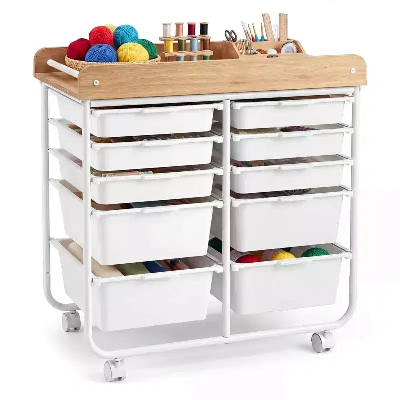 Costway 10-Drawer Rolling Art & Craft Storage Cart with Wooden Tabletop, Lockable Wheels, Metal Frame & Handles Natural + Macaron/White