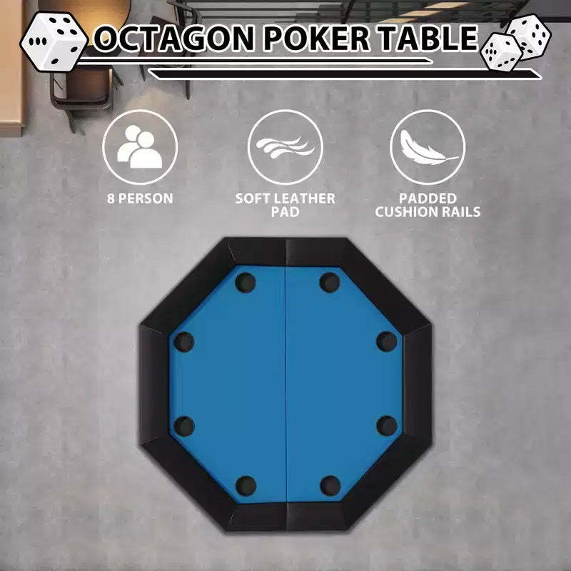 Table de poker octogonale pliable pour 8 joueurs, rails rembourrés résistants à l'eau, 8 porte-gobelets intégrés, pieds métalliques robustes, assemblage facile