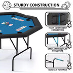 Table de poker octogonale pliable pour 8 joueurs, rails rembourrés résistants à l'eau, 8 porte-gobelets intégrés, pieds métalliques robustes, assemblage facile
