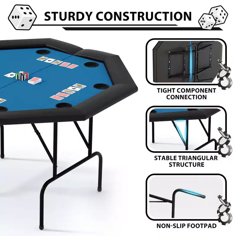 Table de poker octogonale pliable pour 8 joueurs, rails rembourrés résistants à l'eau, 8 porte-gobelets intégrés, pieds métalliques robustes, assemblage facile