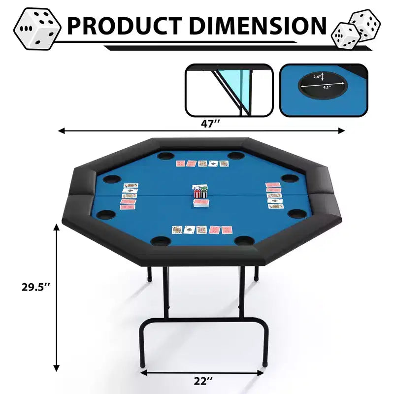 Table de poker octogonale pliable pour 8 joueurs, rails rembourrés résistants à l'eau, 8 porte-gobelets intégrés, pieds métalliques robustes, assemblage facile
