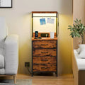 Modern Brown Nightstand with LED Lights Charging Station USB Ports 4 Fabric Drawers 4 Tier Storage Shelves Tall Bedside Side End Table Organizer