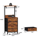 Table de chevet moderne marron avec lumières LED, station de recharge, ports USB, 4 tiroirs en tissu, 4 étagères de rangement, table d'appoint haute.