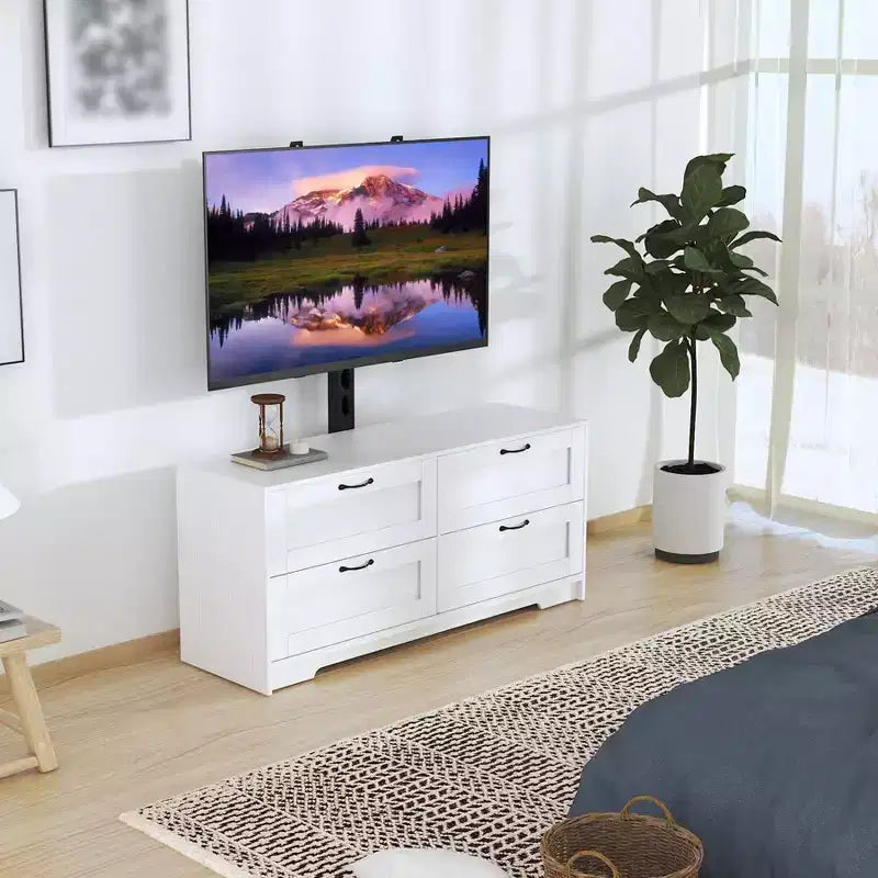 Meuble TV avec support réglable pour téléviseurs de 32 à 80 pouces, 4 tiroirs de rangement, table de console multimédia en bois