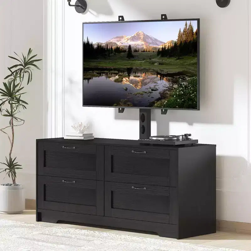Meuble TV avec support réglable pour téléviseurs de 32 à 80 pouces, 4 tiroirs de rangement, table de console multimédia en bois