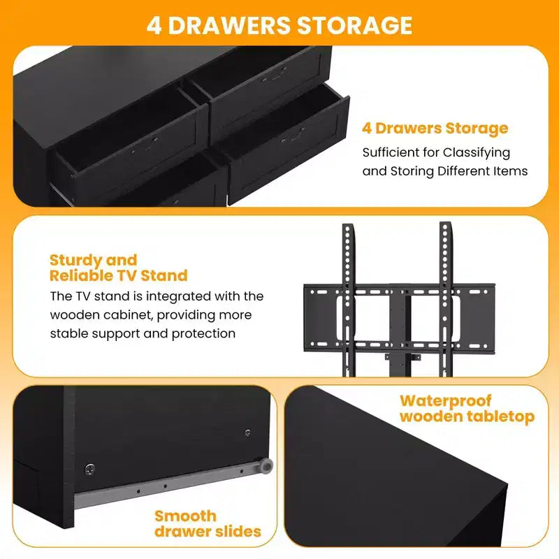 TV Stand with Adjustable Mount for 32-80 TVs  4 Storage Drawers  Wood Media Console Table