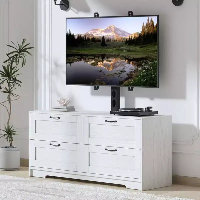 Meuble TV avec support réglable pour téléviseurs de 32 à 80 pouces, 4 tiroirs de rangement, table de console multimédia en bois