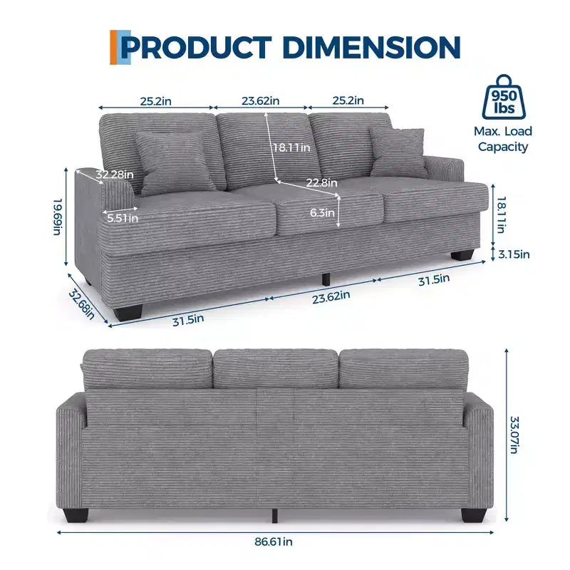 86 Leather/Corduroy Sofa, Modern Deep Seat Couch with 2 Throw Pillows, Upholstered Cushion & Removable Cover for Small Space, Apartment&Living Room