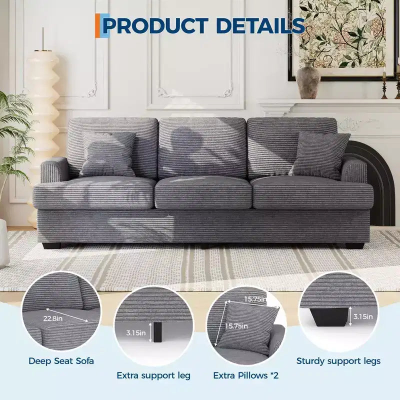 86 Leather/Corduroy Sofa, Modern Deep Seat Couch with 2 Throw Pillows, Upholstered Cushion & Removable Cover for Small Space, Apartment&Living Room