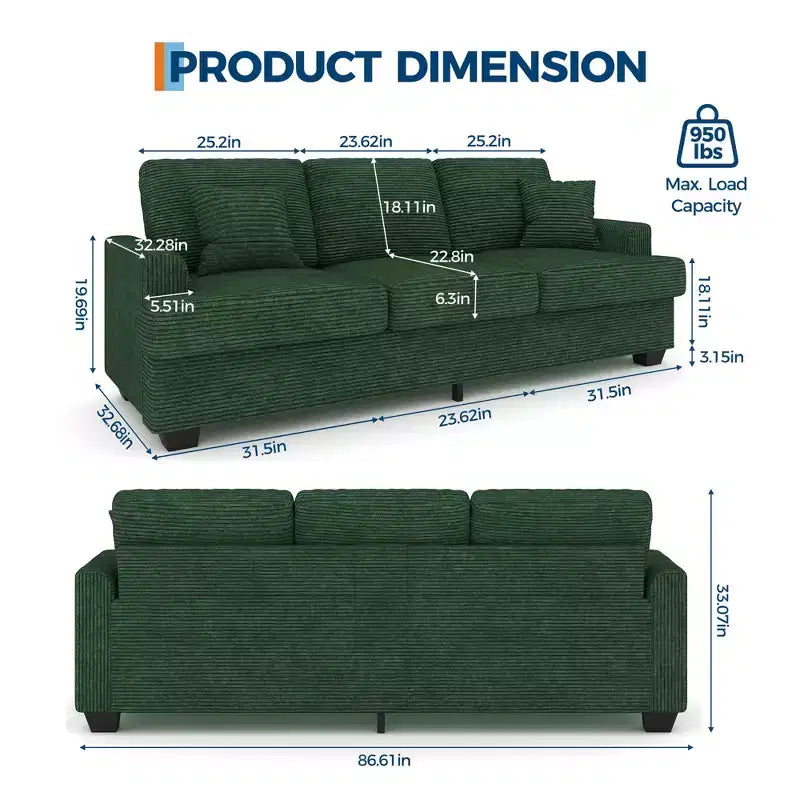 86 Leather/Corduroy Sofa, Modern Deep Seat Couch with 2 Throw Pillows, Upholstered Cushion & Removable Cover for Small Space, Apartment&Living Room
