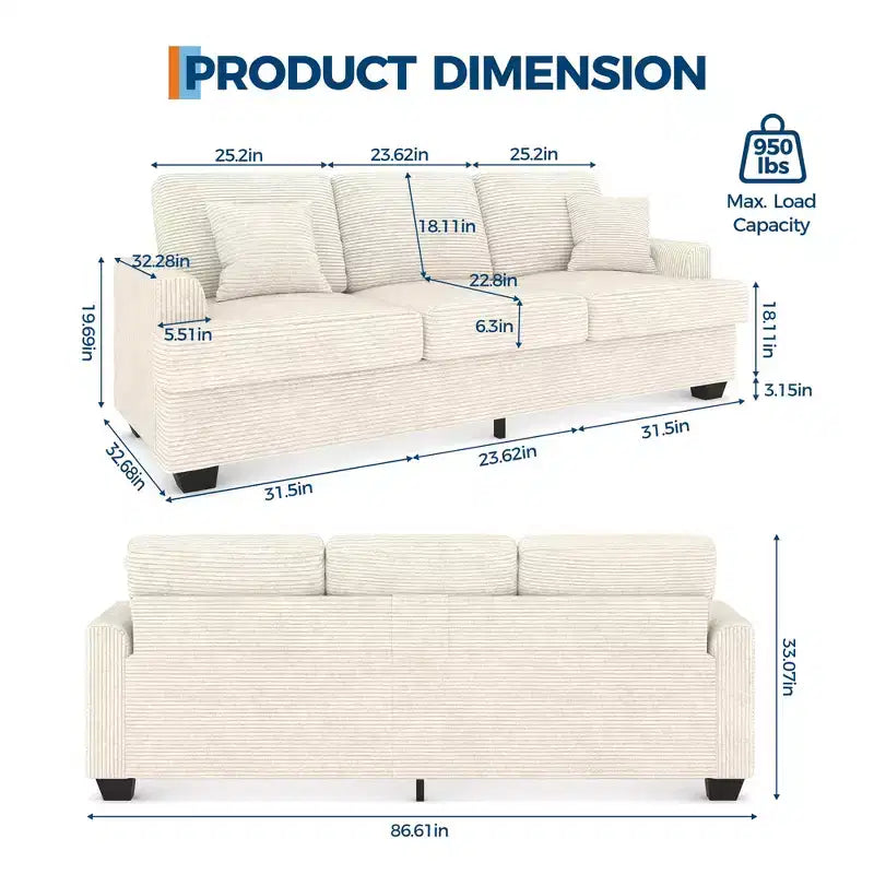 86 Leather/Corduroy Sofa, Modern Deep Seat Couch with 2 Throw Pillows, Upholstered Cushion & Removable Cover for Small Space, Apartment&Living Room