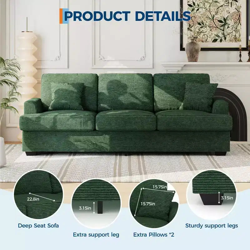 86 Leather/Corduroy Sofa, Modern Deep Seat Couch with 2 Throw Pillows, Upholstered Cushion & Removable Cover for Small Space, Apartment&Living Room