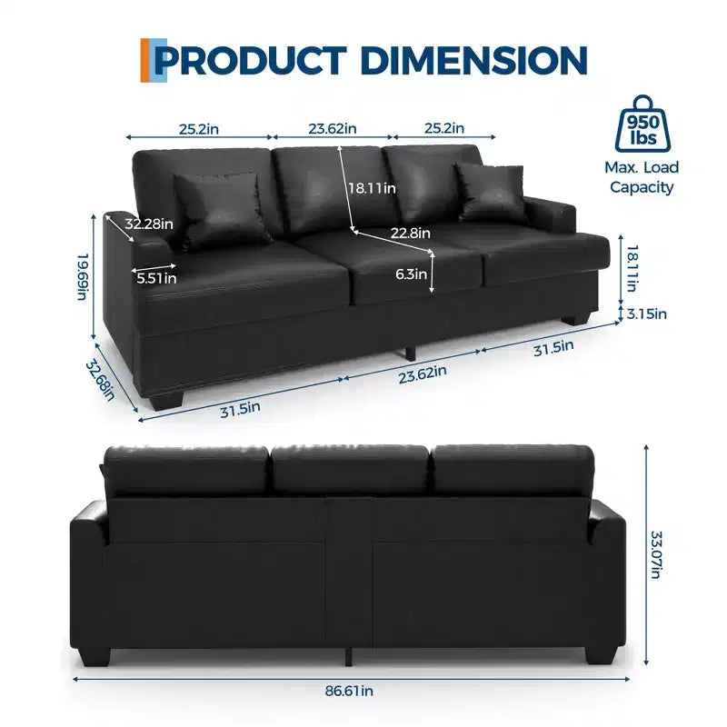86 Leather/Corduroy Sofa, Modern Deep Seat Couch with 2 Throw Pillows, Upholstered Cushion & Removable Cover for Small Space, Apartment&Living Room