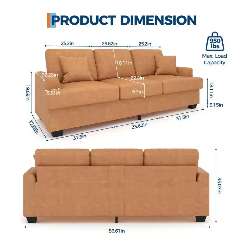 86 Leather/Corduroy Sofa, Modern Deep Seat Couch with 2 Throw Pillows, Upholstered Cushion & Removable Cover for Small Space, Apartment&Living Room