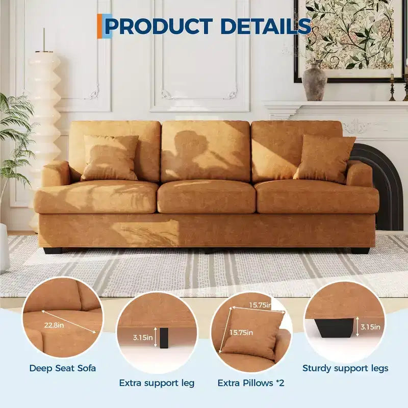86 Leather/Corduroy Sofa, Modern Deep Seat Couch with 2 Throw Pillows, Upholstered Cushion & Removable Cover for Small Space, Apartment&Living Room