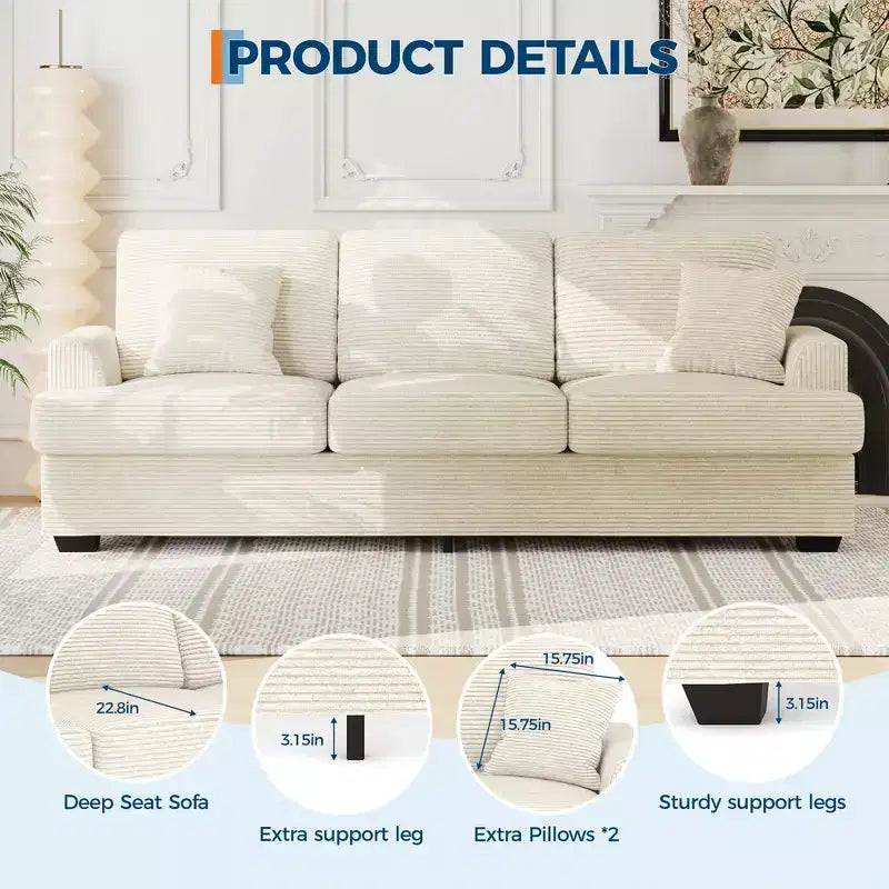 86 Leather/Corduroy Sofa, Modern Deep Seat Couch with 2 Throw Pillows, Upholstered Cushion & Removable Cover for Small Space, Apartment&Living Room