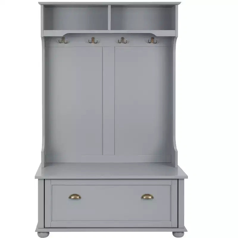 Meuble d'entrée avec banc porte-chaussures, patères et étagères ouvertes pour le rangement et l'organisation de l'entrée