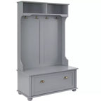 Meuble d'entrée avec banc porte-chaussures, patères et étagères ouvertes pour le rangement et l'organisation de l'entrée