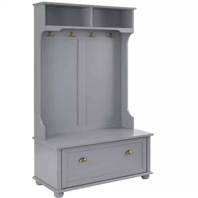 Meuble d'entrée avec banc porte-chaussures, patères et étagères ouvertes pour le rangement et l'organisation de l'entrée