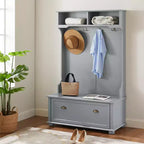 Meuble d'entrée avec banc porte-chaussures, patères et étagères ouvertes pour le rangement et l'organisation de l'entrée