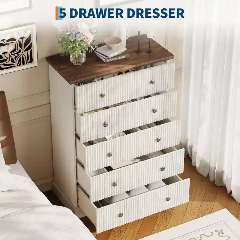 Acekool 5 Drawer Tall Dresser for Bedroom Vertical Wooden Closet Chest with Raised Base Organizer