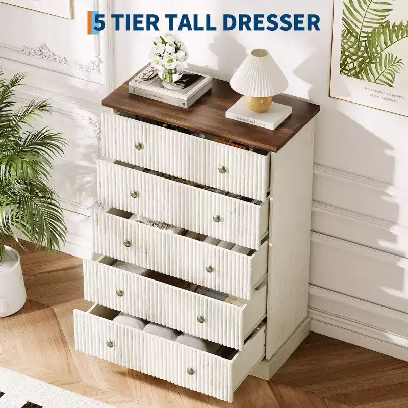 Acekool 5 Drawer Tall Dresser for Bedroom Vertical Wooden Closet Chest with Raised Base Organizer