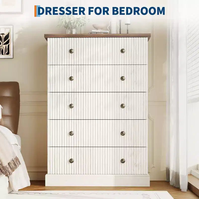 Acekool 5 Drawer Tall Dresser for Bedroom Vertical Wooden Closet Chest with Raised Base Organizer