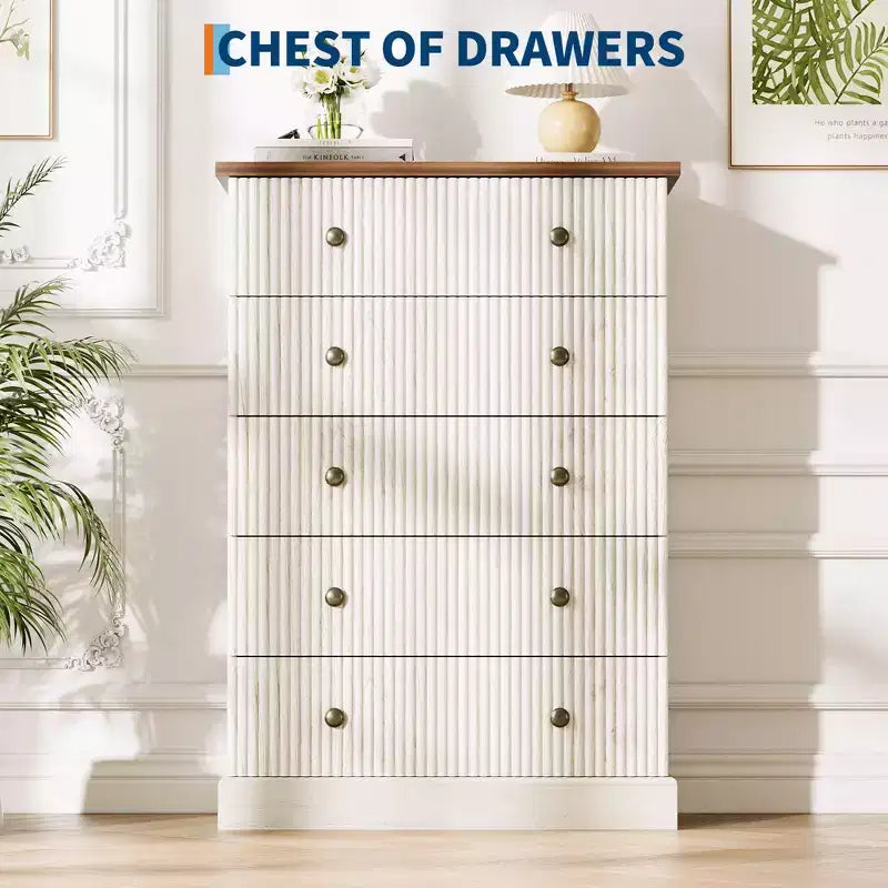 Acekool 5 Drawer Tall Dresser for Bedroom Vertical Wooden Closet Chest with Raised Base Organizer