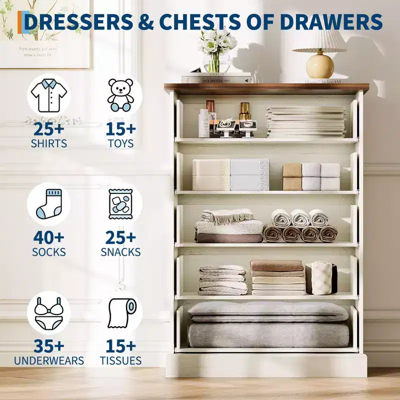 Acekool 5 Drawer Tall Dresser for Bedroom Vertical Wooden Closet Chest with Raised Base Organizer