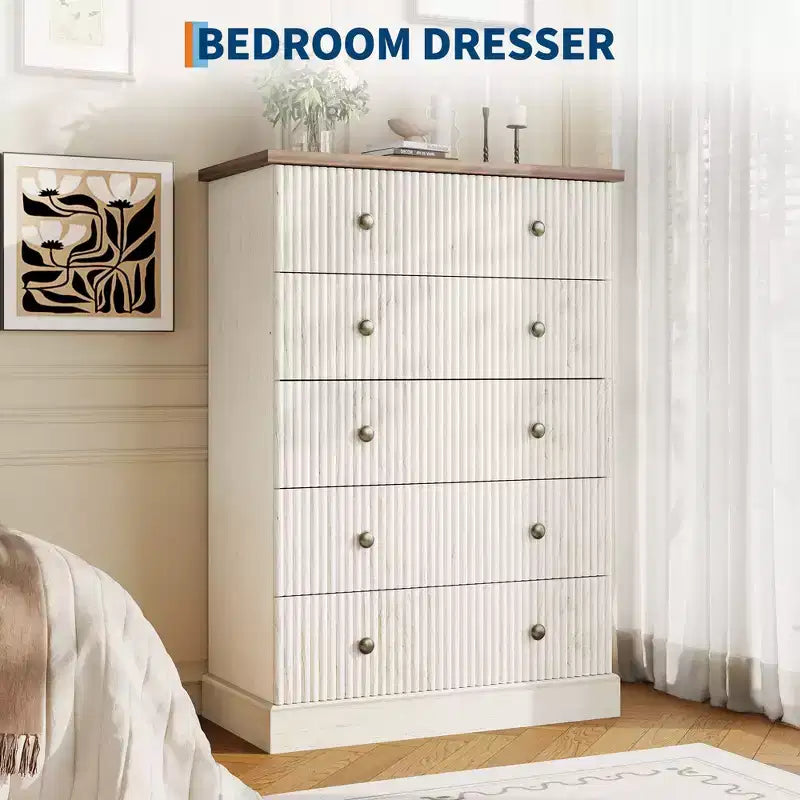 Acekool 5 Drawer Tall Dresser for Bedroom Vertical Wooden Closet Chest with Raised Base Organizer