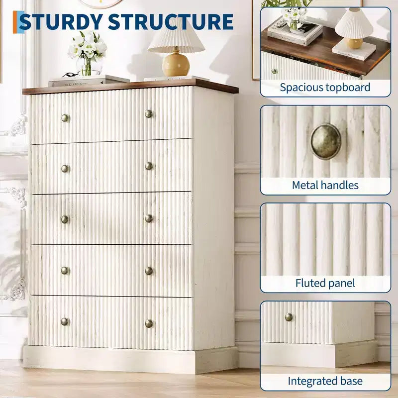 Acekool 5 Drawer Tall Dresser for Bedroom Vertical Wooden Closet Chest with Raised Base Organizer
