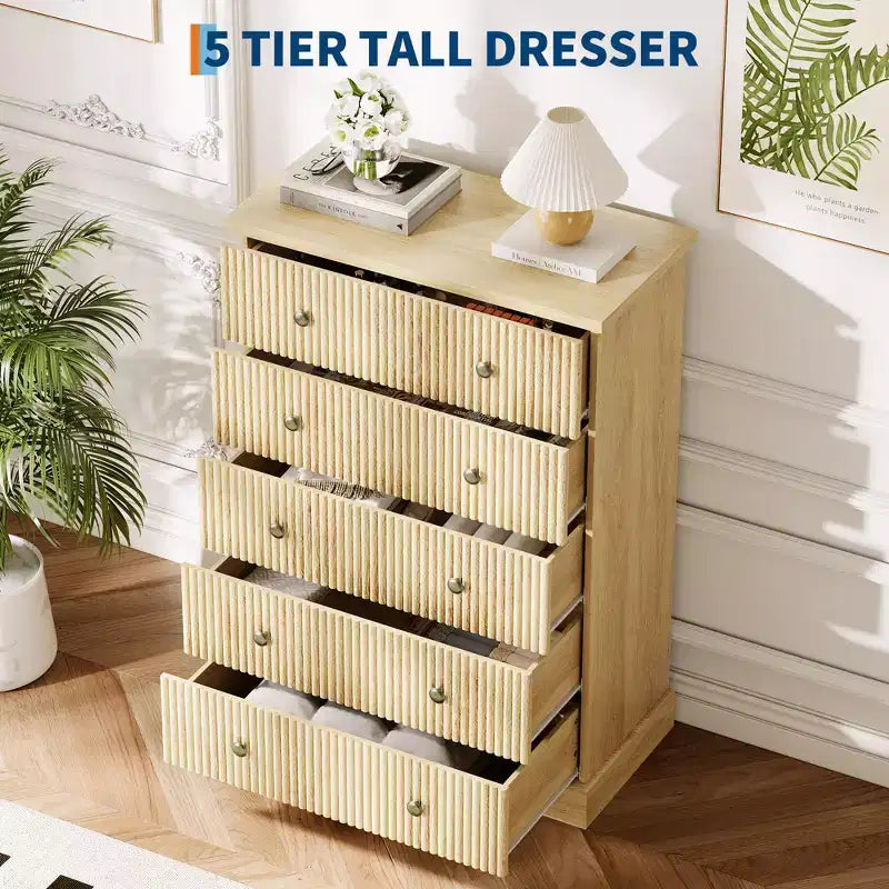 Acekool 5 Drawer Tall Dresser for Bedroom Vertical Wooden Closet Chest with Raised Base Organizer
