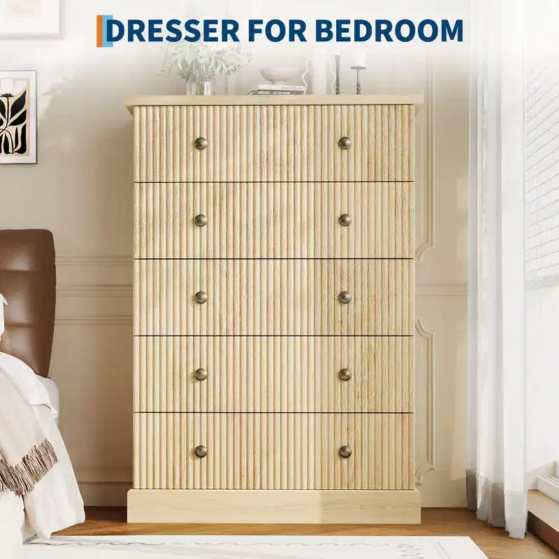 Acekool 5 Drawer Tall Dresser for Bedroom Vertical Wooden Closet Chest with Raised Base Organizer