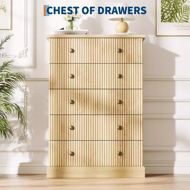 Acekool 5 Drawer Tall Dresser for Bedroom Vertical Wooden Closet Chest with Raised Base Organizer