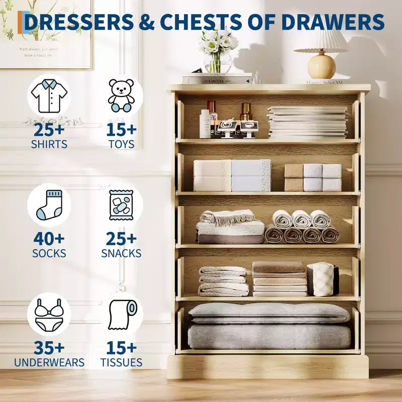 Acekool 5 Drawer Tall Dresser for Bedroom Vertical Wooden Closet Chest with Raised Base Organizer