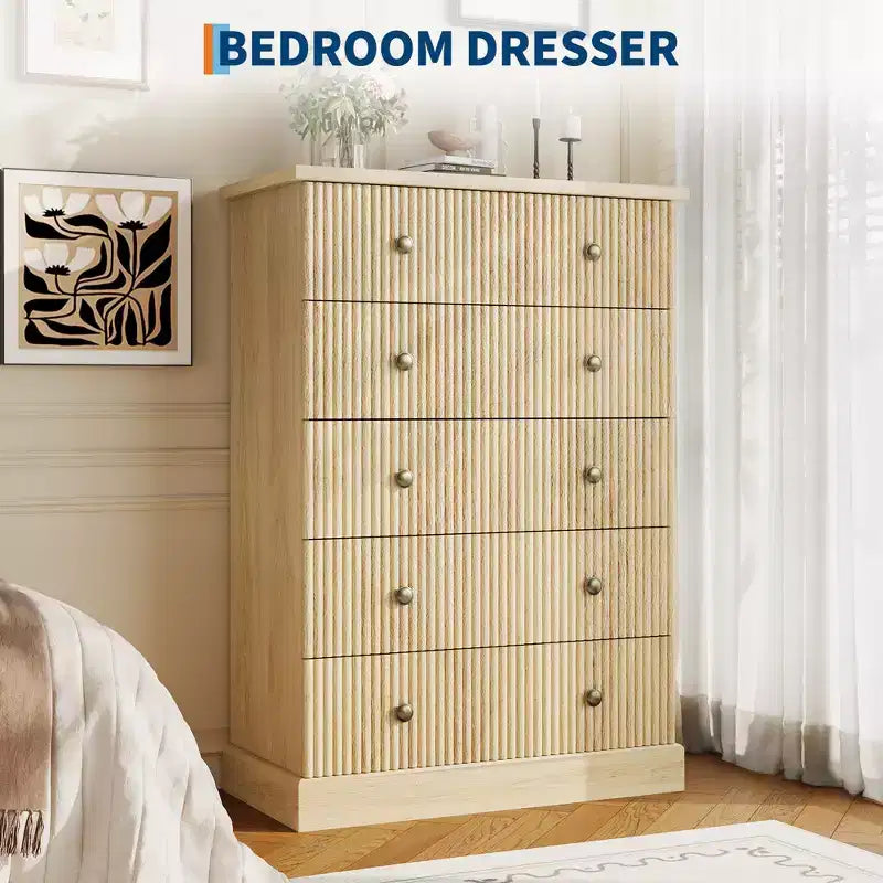 Acekool 5 Drawer Tall Dresser for Bedroom Vertical Wooden Closet Chest with Raised Base Organizer