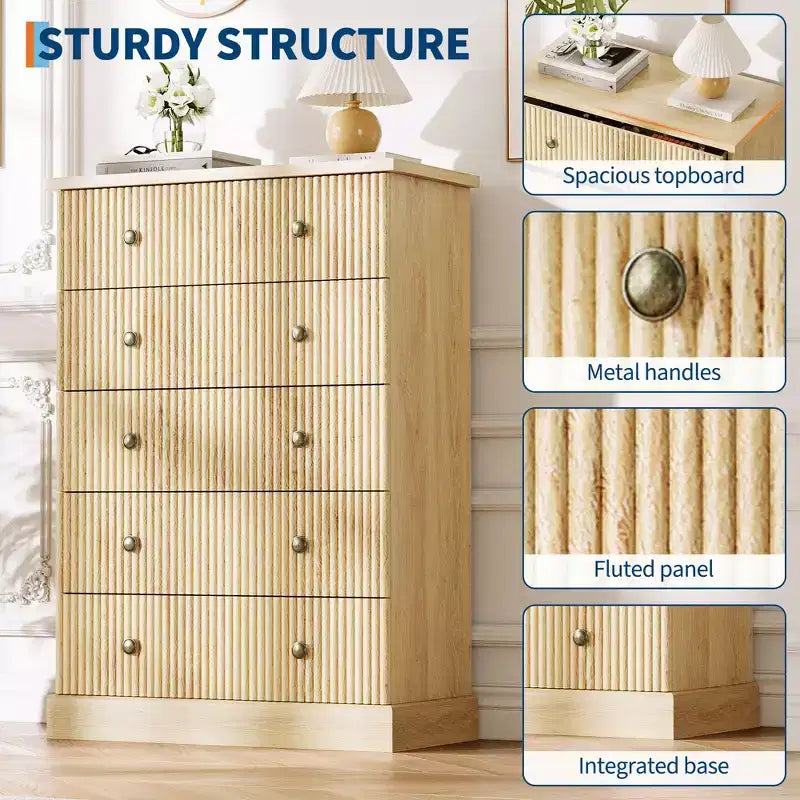Acekool 5 Drawer Tall Dresser for Bedroom Vertical Wooden Closet Chest with Raised Base Organizer
