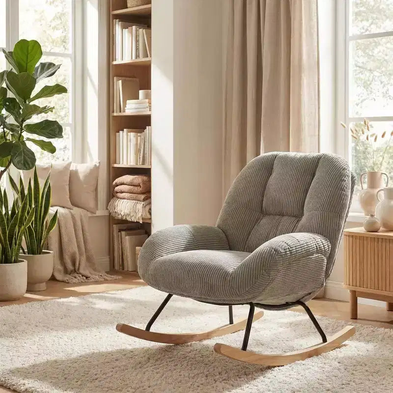 Homy Casa Corduroy Rocking Accent Chair, Fabric Upholstered Rocking Chair, Rocking Armchair, Grey