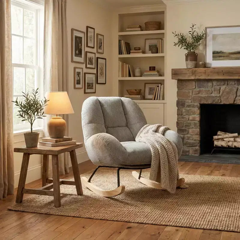 Fauteuil à bascule Homy Casa en velours côtelé, Fauteuil à bascule en tissu, Fauteuil à bascule, Gris