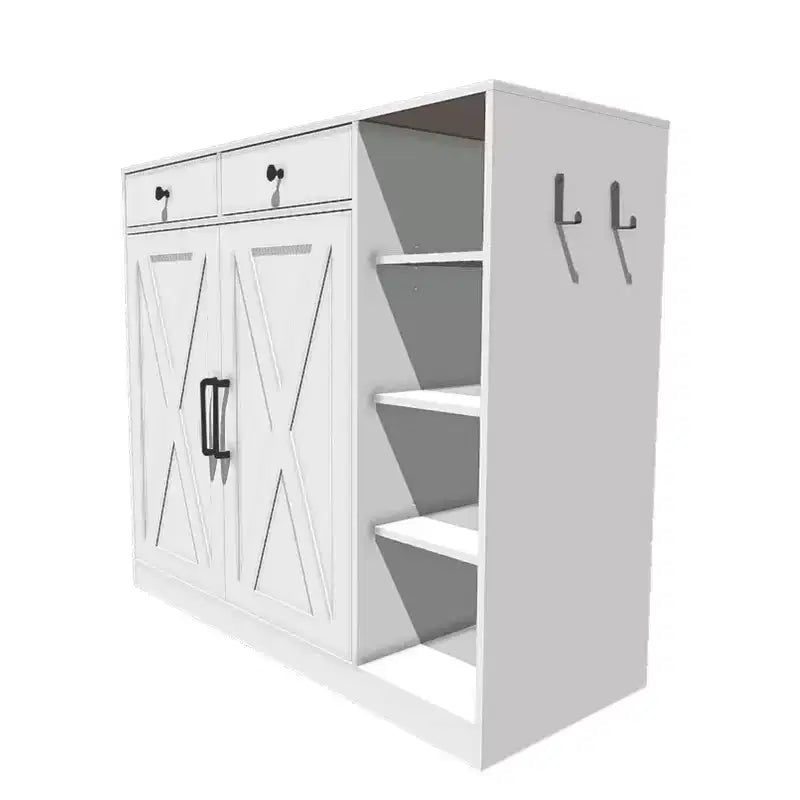 Meuble à chaussures pour entrée avec portes, crochets et 3 étagères ouvertes - Organisateur de rangement avec 4 étagères réglables pour couloir et salon, blanc