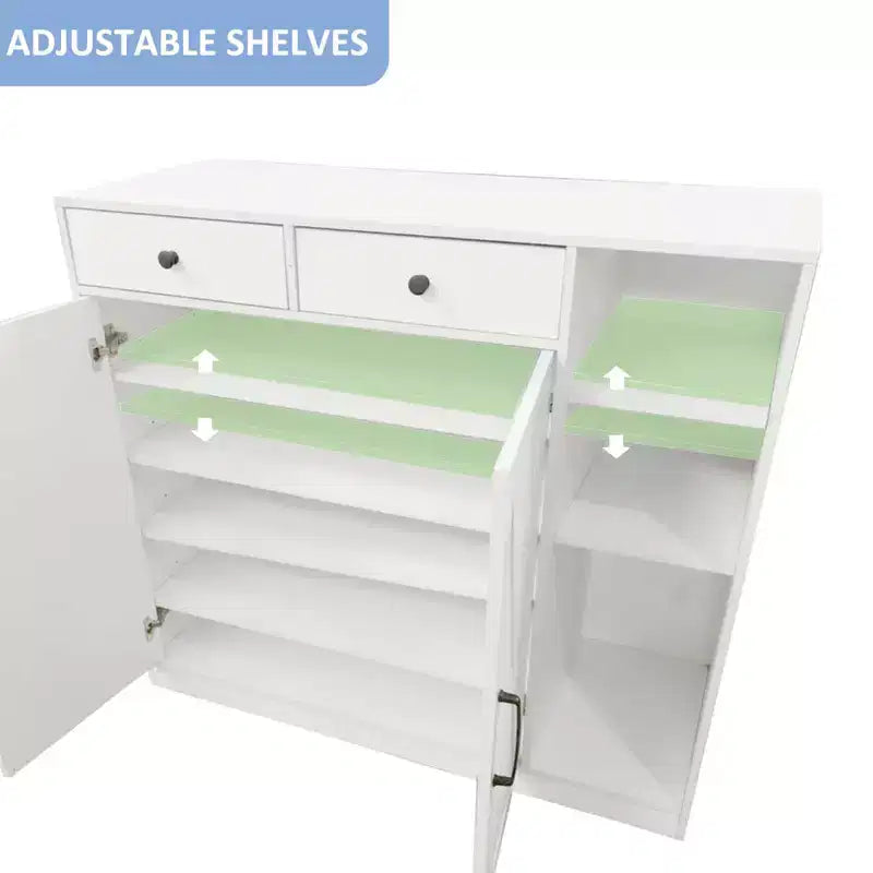 Meuble à chaussures pour entrée avec portes, crochets et 3 étagères ouvertes - Organisateur de rangement avec 4 étagères réglables pour couloir et salon, blanc