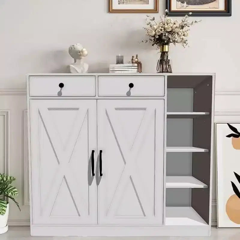 Meuble à chaussures pour entrée avec portes, crochets et 3 étagères ouvertes - Organisateur de rangement avec 4 étagères réglables pour couloir et salon, blanc