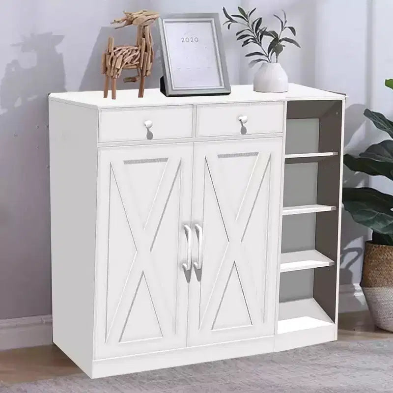 Meuble à chaussures pour entrée avec portes, crochets et 3 étagères ouvertes - Organisateur de rangement avec 4 étagères réglables pour couloir et salon, blanc