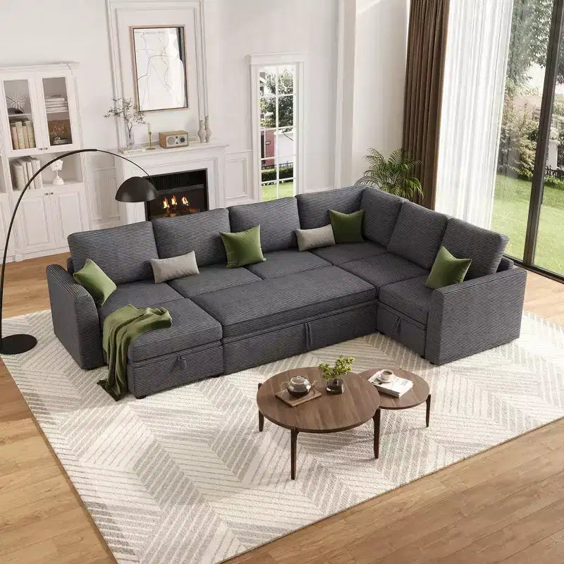 GustoWave Modular L-Shaped Sectional Sleeper Sofa with Storage, 2-Seat Pull-Out Couch Bed, Chenille Gray for Living Room