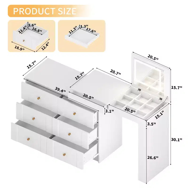 JVNOXK Coiffeuse avec miroir LED et lumières, table de maquillage rabattable avec 7 tiroirs, 9 compartiments, 3 étagères, 3 modes de couleur réglables, blanche