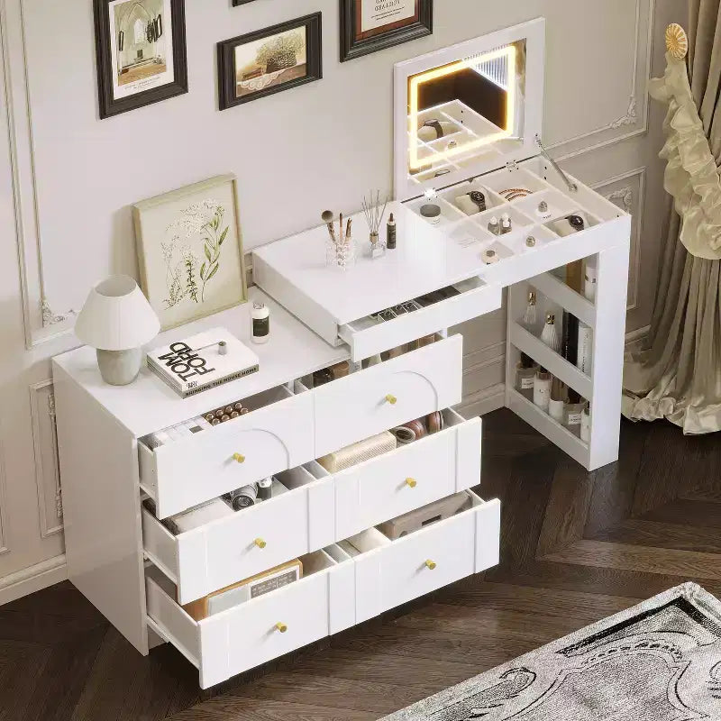 JVNOXK Coiffeuse avec miroir LED et lumières, table de maquillage rabattable avec 7 tiroirs, 9 compartiments, 3 étagères, 3 modes de couleur réglables, blanche