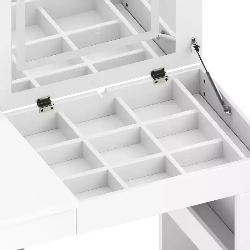 JVNOXK Coiffeuse avec miroir LED et lumières, table de maquillage rabattable avec 7 tiroirs, 9 compartiments, 3 étagères, 3 modes de couleur réglables, blanche
