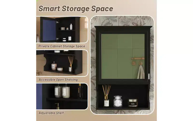 AMMER 20'' Wall Mounted Bathroom Storage Cabinet with Mirror, Wall Mounted Home Storage with Door, Mirrored Wall Medicine Cabinet, Black