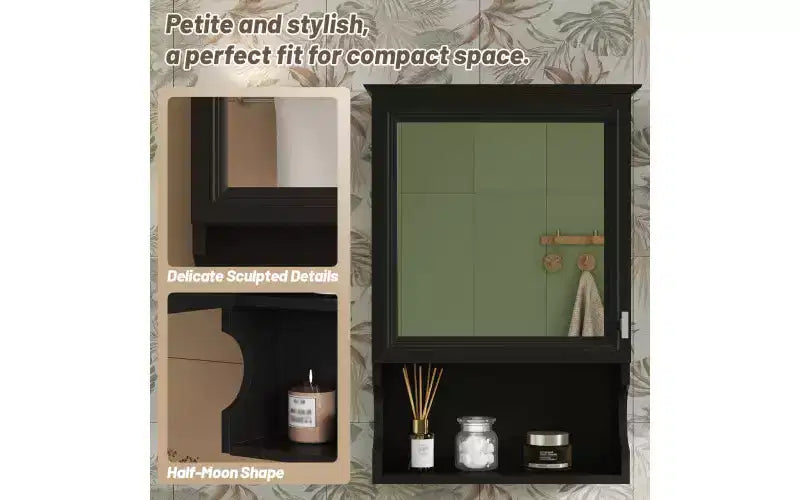 AMMER 20'' Wall Mounted Bathroom Storage Cabinet with Mirror, Wall Mounted Home Storage with Door, Mirrored Wall Medicine Cabinet, Black